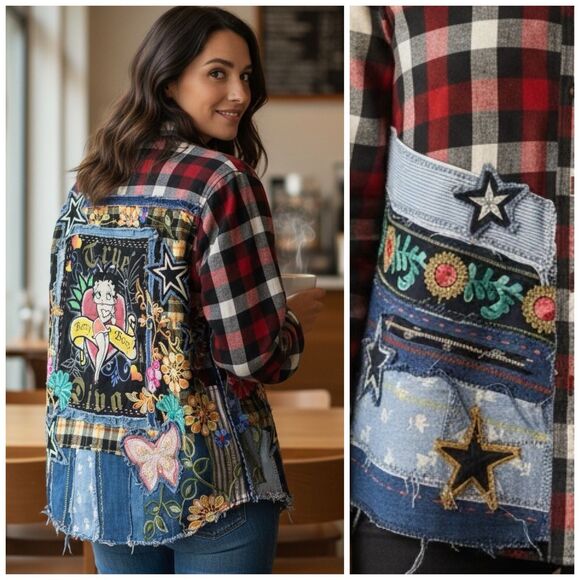 Upcycled Flannel Shirt Shacket Womens XL Betty Boop Grunge Patchwork Folk Art - Picture 8 of 16